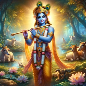 God Krishna with White Cow – for Printable Artwork – Spiritual Hindu Art for Instant Download
