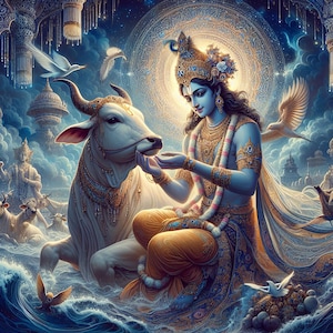 God Krishna with White Cow – for Printable Artwork – Spiritual Hindu Art for Instant Download