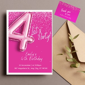 Fuchsia Themen-Geburtstagseinladungskarte für 4-jährige Mädchen, Einladung zum Herunterladen für 4-jährige Mädchen in fuchsia, Printable, digital