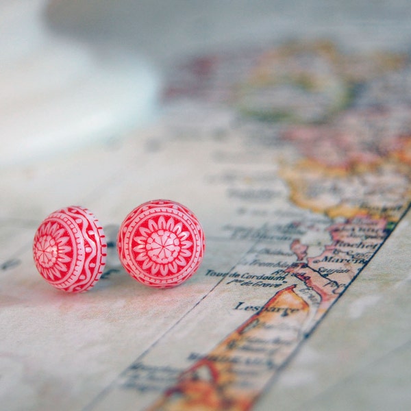 Vintage red and white scandinavian post earrings - folk holiday winter peppermint- fair isle