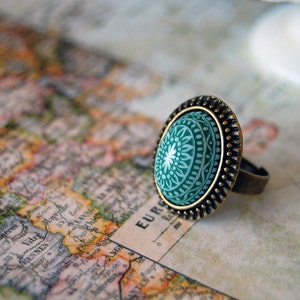 Scandinavian Green and White mosaic ring- antiqued brass