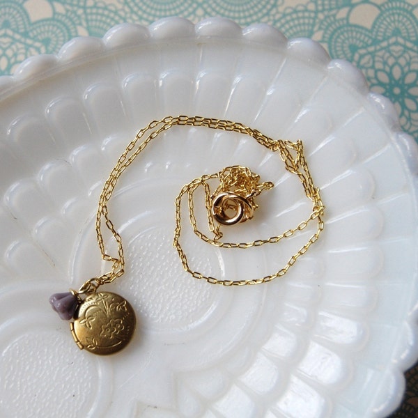 simple vintage engraved locket- brass with tiny flower- the alice.