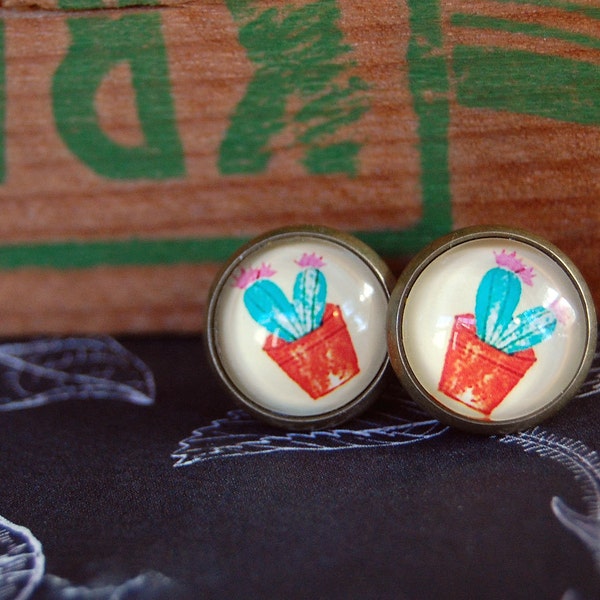 tiny cactus succulent framed post earrings- medium size