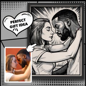 May include: Monochrome illustration of a couple in an embrace, with a smaller colour photo of the couple. A heart-shaped speech bubble with the text "PERFECT GIFT IDEA" is in the upper left corner.