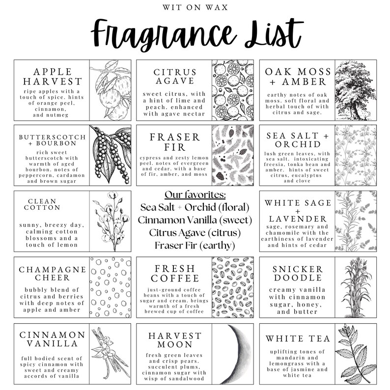 The image is a fragrance list that includes various scents and ingredients, such as apple harvest, citrus, oak moss, butterscotch, fern, sea salt, white cotton, white sage, champagne cheer, fresh coffee, snicker doo, cinnamon vanilla, cinnamon moon, and white tea.