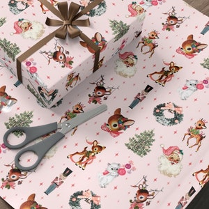 Pink Christmas Wrapping Paper Retro Santa Gift Wrap Cute Vintage Reindeer Wrapping Paper Kids Gift Wrap Holiday Wrap Mid Century Modern
