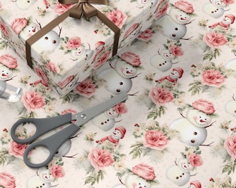 Vintage Cute Pink Snowman Wrapping Paper Retro Pink Christmas Wrapping Paper Floral Country Farmhouse Gift Wrap Toile Kids Girls Gift Wrap