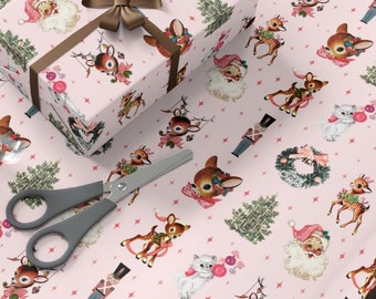 Pink Christmas Wrapping Paper Retro Santa Gift Wrap Cute Vintage Reindeer Wrapping Paper Kids Gift Wrap Holiday Wrap Mid Century Modern