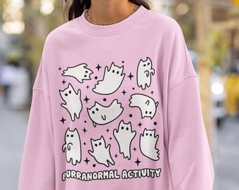 Kawaii Halloween Sweatshirt - Ghost Cat Purranormal Activity - Cute Halloween Shirt, Trendy Sweater, Cat Lover Gift, Retro Goth, Plus Size