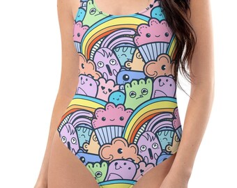 Kawaii Swimsuit Cute Cupcakes Pastel Goth One Piece Swimsuit Tank Womens Swim Suit Rainbow Bathingsuit Festival Bodysuit UPF 50 Plus Size