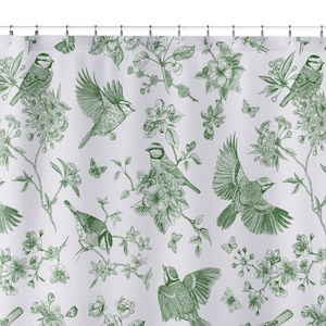 Green Birds Toile Shower Curtain Vintage Floral Pattern Toile de Jouy French Country Farm, Vintage Farmhouse Classic Chinoiserie