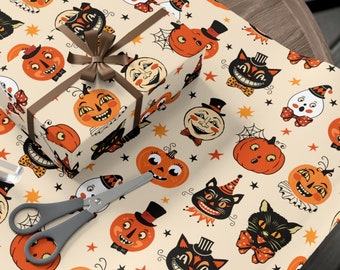 Vintage Halloween Wrapping Paper Cute Retro Black Cat Gift Wrap Old Fashioned Pumpkin Wrapping Jack O Lantern Folk Art 90's Halloween Wrap