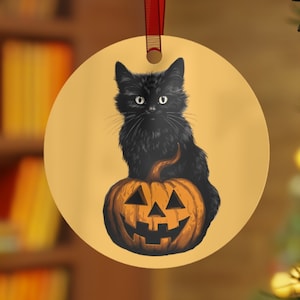 Cute Black Cat Halloween Ornament with Pumpkin Witchy Halloween Decor Vintage Halloween Decoration Metal Spooky Ornament Gothic Home Decor