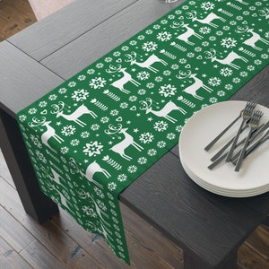 Retro Scandinavian Christmas Table Runner Vintage Reindeer Table Decor Mid Century Modern Home Decor Swedish Nordic Deer Fair Isle Green