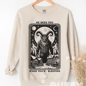 Krampus Christmas Sweater He Sees You Sleeping Vintage Tarot Card Sweatshirt Funny Goth Xmas Shirt Scary Spooky Christmas Horror Lover