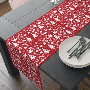 Retro Scandinavian Christmas Table Runner Vintage Dove Table Decor Mid Century Modern Home Decor Swedish Nordic Tree Fair Isle Pattern Red