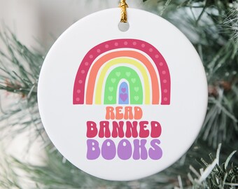 Read Banned Books Boho Rainbow Christmas Ornament Reading Ornament Book Lover Gift LGBTQ Bookworm Ornament Bookish Gift Librarian Ornament