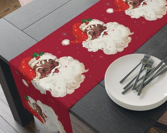 Retro Black Santa Christmas Table Runner, Vintage Classic Christmas Decor, African American Santa Claus Holiday Dining Linens