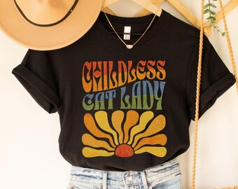 Kamala Harris Shirt Childless Cat Lady Boho Aesthetic Tee Anti Trump Election 2024 Retro LGBTQIA Rainbow Democrat Vote Blue FDT