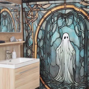 Halloween Shower Curtain Stained Glass Spooky Ghost Gothic Decor Witchy Showercurtain Haunted Bathroom Decor Spooky Fall Decor Occult Creepy