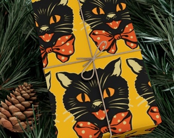 Vintage Style Halloween Wrapping Paper Retro Black Cat Bowtie Gift Wrap Witchy Gift Wrap Witchcraft Wrapping Paper Cat Lover Gift Wrap