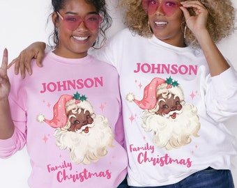 Custom Pink Retro Black Santa Sweatshirt Matching Family Name Christmas Sweater Personalized Christmas PJ Tops African American Holiday Tee