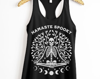Funny Halloween Tank Top Namaste Spooky Skeleton Yoga Shirt Yoga Gift for Her Witchy Shirt Boho Halloween Racerback Tank Top Gothic Tee
