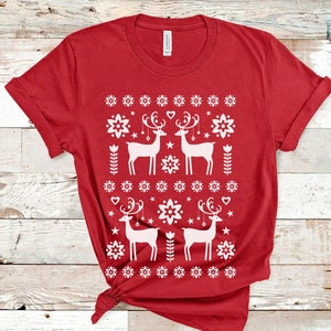 Scandinavian Christmas Shirt Women - Reindeer Christmas Sweater, Cottagecore Hygge Winter, Norwegian Folk Art, Modern Fair Isle Pattern