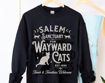 Witchy Sweatshirt  Salem Sanctuary Wayward Cats Retro Halloween Sweater for Women Black Cat Gothic Clothing Witchcore Sweater Plus Size