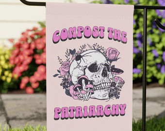 Funny Feminist Garden Flag Compost the Patriarchy Skull Mushroom Garden Flag Skeleton Resist Double Sided Gardening Flag Womens Rights Sign