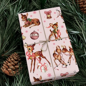 Pink Christmas Wrapping Paper Retro Reindeer Gift Wrap Cute Vintage Reindeer Wrapping Paper Kids Gift Wrap Holiday Wrap Mid Century Modern