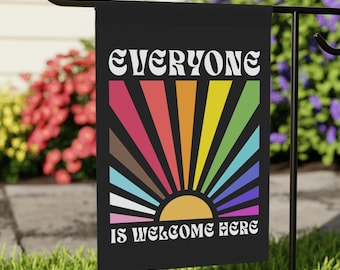 Everyone is Welcome Here Flag Anti Trump Garden Flag Resist Sign Diversity and Inclusion Idaho Teacher LGBTQIA Rights Trans Rainbow BIPOC