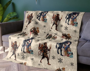Vintage Krampus Blanket Goth Christmas Throw Gothic Xmas Gift Merry Krampus Crushed Velvet Blanket Scary Christmas Horror Lover Gift Devil