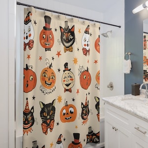 Vintage Halloween Shower Curtain Primitive Folk Art Retro Halloween Decor Autumn Bathroom Black cat Decor Fall Pumpkin Showercurtain
