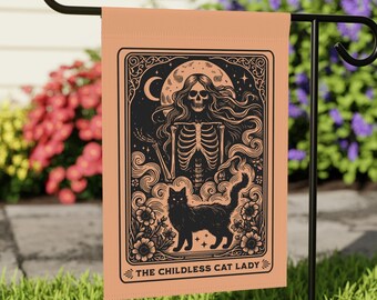 Kamala Harris Funny Garden Flag Childless Cat Lady Anti Trump Yard Sign Vintage Skeleton Tarot Card Feminist Witchy Halloween Flag FDT