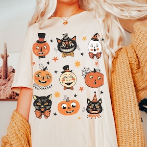 Vintage Halloween Shirt Cute Black Cat Tee Primitive Halloween Pumpkin Shirt  Folk Art Retro Halloween Shirt Fall Clothing Plus Size