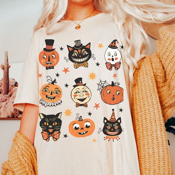 Vintage Halloween Shirt Cute Black Cat Tee Primitive Halloween Pumpkin Shirt  Folk Art Retro Halloween Shirt Fall Clothing Plus Size