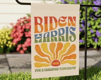 Biden Harris 2024 Garden Flag Vintage Boho Garden Flag Groovy Retro Floral House Banner Botanical Flag Election 2024 LGBTQIA Rainbow Flag