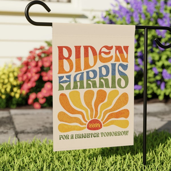 Biden Harris 2024 Garden Flag Vintage Boho Garden Flag Groovy Retro Floral House Banner Botanical Flag Election 2024 LGBTQIA Rainbow Flag