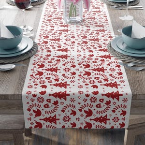 Retro Scandinavian Christmas Table Runner Vintage Dove Table Decor Mid Century Modern Home Decor Swedish Nordic Tree Fair Isle Pattern Red