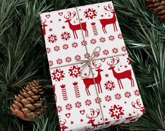 Retro Scandinavian Christmas Wrapping Paper Vintage Reindeer Wrapping Mid Century Modern Gift Wrap Swedish Nordic Deer Fair Isle Pattern Red