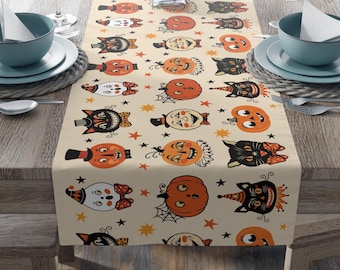 Vintage Halloween Table Runner Primitive Folk Art Retro Halloween Home Decor Autumn Dining Linens Spooky Black Cat Fall Pumpkin Decor