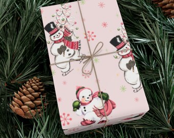 Vintage Christmas Wrapping Paper Pink Snowmen Wrapping Paper Cute Retro Ice Skating Gift for Girls Winter Kids Wrap Mid Century Modern