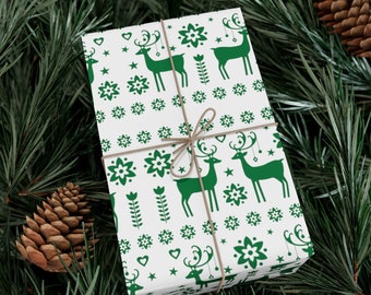 Retro Scandinavian Christmas Wrapping Paper Vintage Reindeer Mid Century Modern Gift Wrap Swedish Nordic Deer Fair Isle Pattern Green