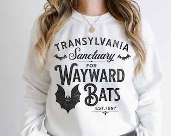Witchy Sweatshirt Transylvania Bat Sanctuary Vintage Halloween Shirt for Women Dracula Gothic Clothing Vampire Shirt Horror Lover Plus Size