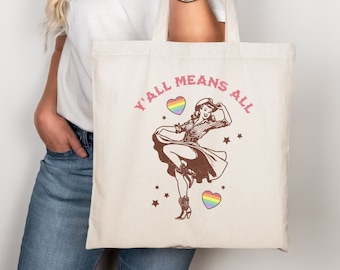 LGBTQ Tote Bag Y'all Means All Feminist Tote Bag Retro Western Canvas Totebag Gay Rights Tee Lesbian Queer Rights Trans Rainbow Cowgirl Gift