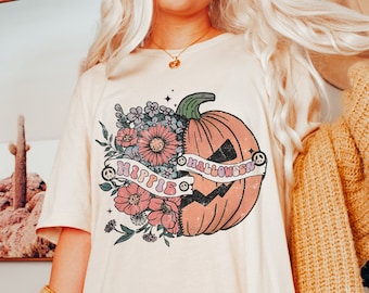 Hippie Halloween T Shirt Women Boho - Cute Vintage Spooky Pumpkin Graphic Tee, Retro Oversized Autumn Clothing, Flowers Fall clothing
