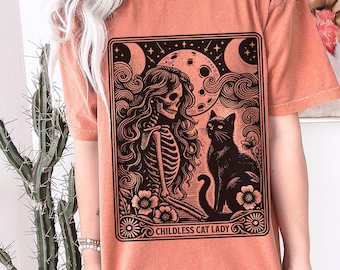 Childless Cat Lady against Fascism Shirt Comfort Colors Vintage Skeleton Tarot Card Witchy Halloween Shirt Funny Feminist Kamala Harris FDT