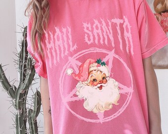 Hail Santa Shirt Pink Goth Christmas Comfort Colors Shirt Funny Christmas Shirt for Women Cute Retro Santa Emo Horror Lover Gift Plus Size