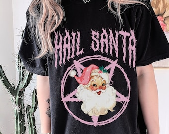 Hail Santa Shirt Pink Goth Christmas Comfort Colors Shirt Funny Christmas Shirt for Women Cute Retro Santa Emo Horror Lover Gift Plus Size